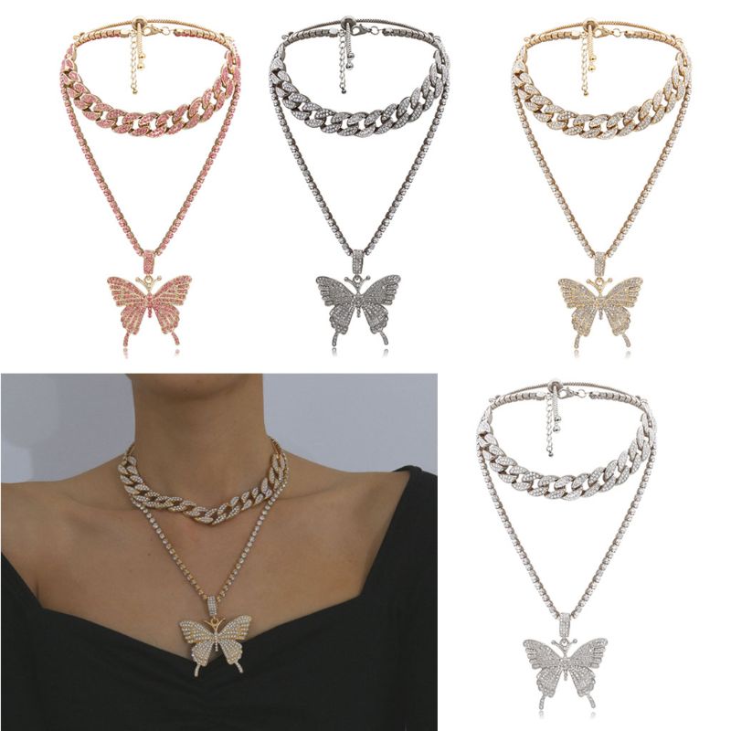 2Pcs Sparking Fully Iced Out Crystal Pave Butterfly Pendant Necklace Cubic Zircon 3D Butterfly Pendant Necklace Jewelry