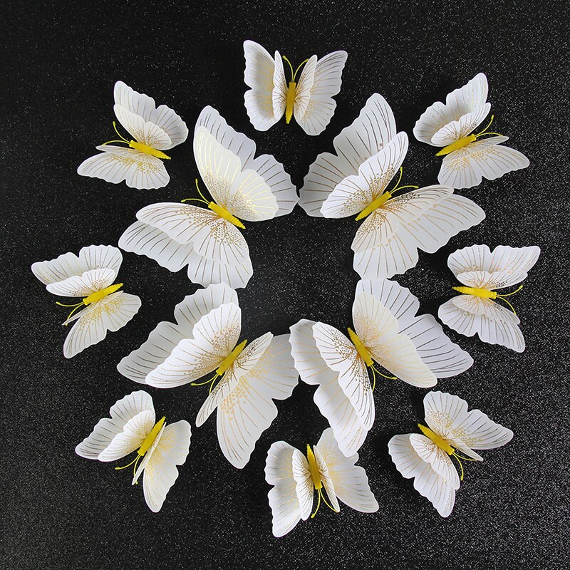 Autocollant mural papillon 3D Double couche, 12 pièces, pour la décoration de la maison, aimant pour réfrigérateur, colle gratuite: Yellow