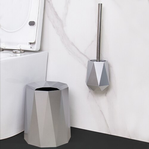 Poubelle de salle de bains en plastique doré, poubelle de luxe nordique murale ou sur pied, brosse de toilette en Silicone: Silver Set of 2