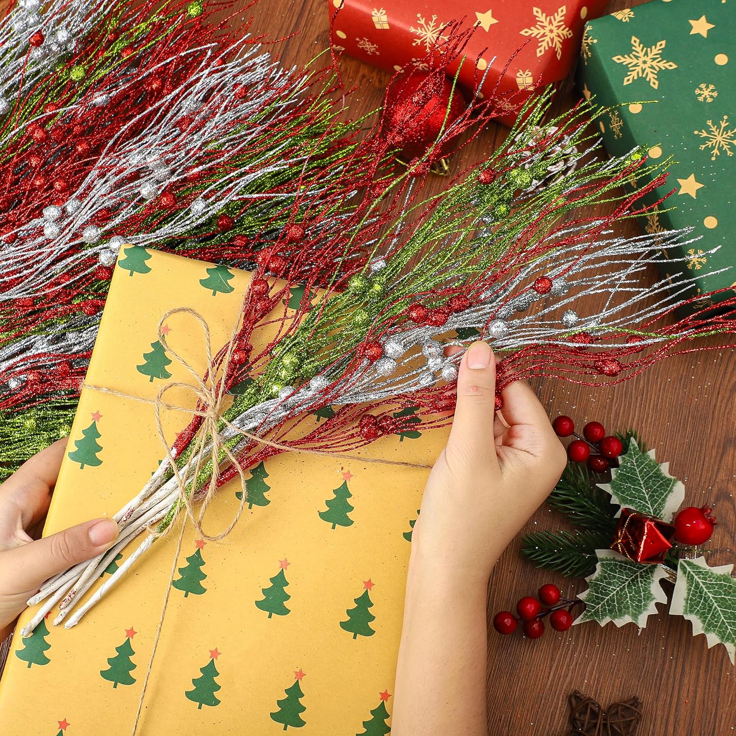 15 stuks kerstversiering glitter bessen kunstbloemen boeket kerstboom ornamenten voor thuis nieuwjaar navidad cadeau decor