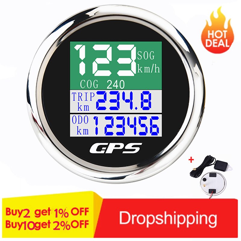 Tft -näyttö gps -nopeusmittari matkamittari trip cog 52mm 2 '' vedenpitävä digitaalinen auton nopeusmittarin mittari gps -antenni meriveneelle 9-32v