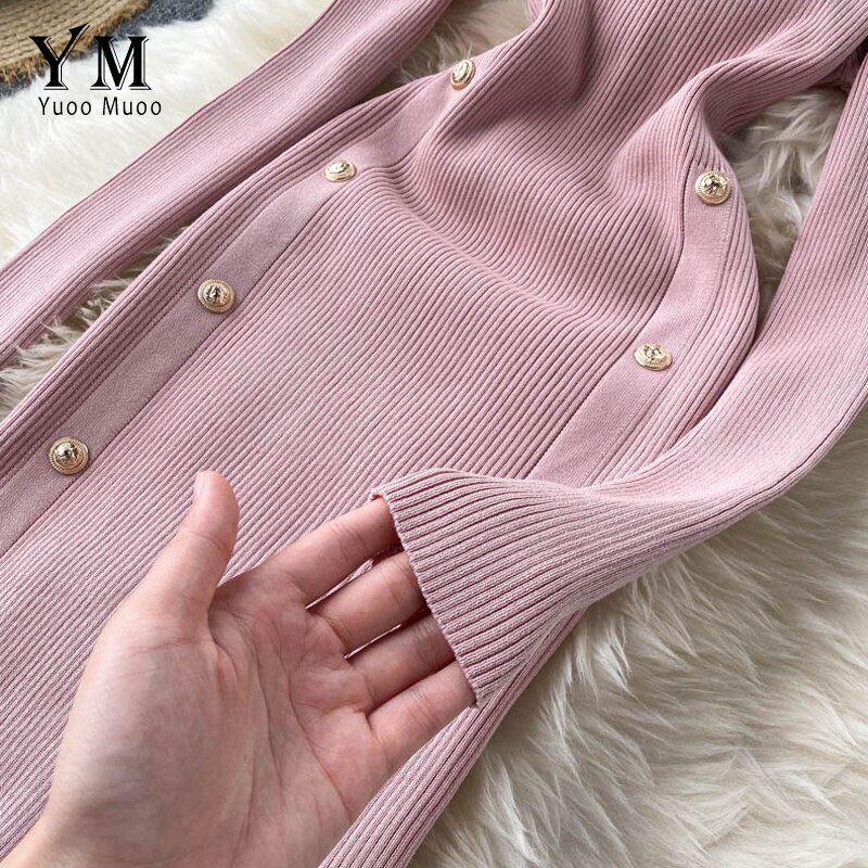 Yuoomuoo Elegante Vintage Double-Breasted Office Dames Jurk Herfst Winter Gebreide Lange Jurk Vrouwelijke Split Bodycon Jurk