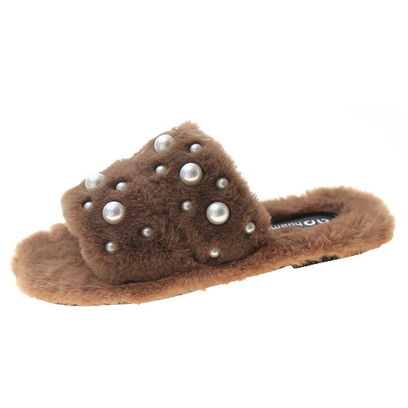 Tekoturkis lämpimät kengät talvi naiset helmi karvaiset tossut valkoiset sisätassut naisten kotiliukumäkiä mustat pehmotossut: Khaki / 8.5