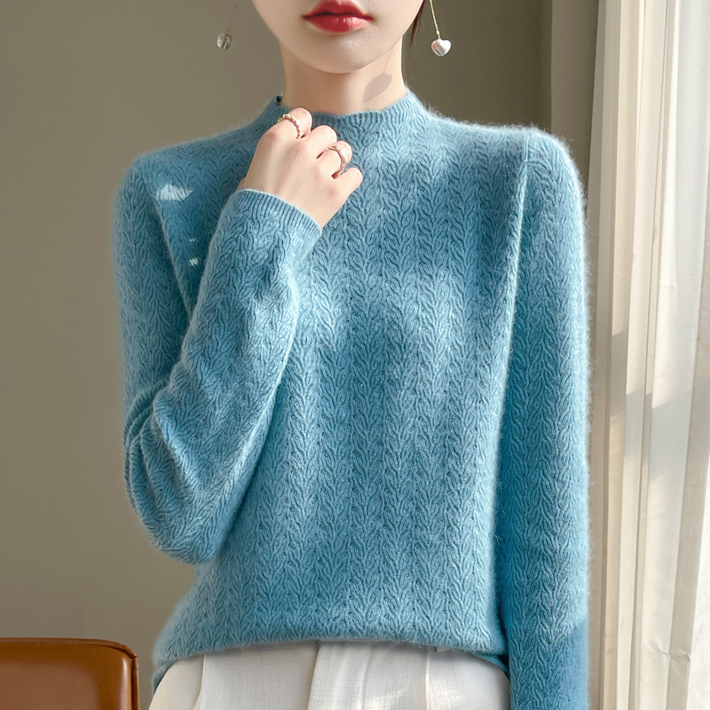 100%  damegenser i merinoull med halvhøy hals, ensfarget strikket hul genser til dame med lange ermer, sommertynn pullover: Xxl / Himmelblå