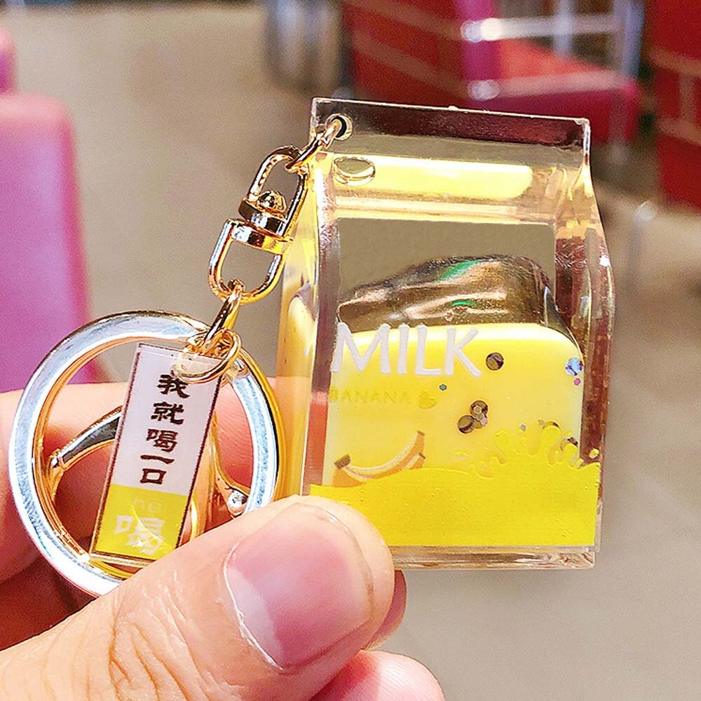 Acrylic Dairy Cow Milk Drinks Keychain Fruit Milk Moving Liquid Keyrings Decompression Drift Bottle Jewelry Kids