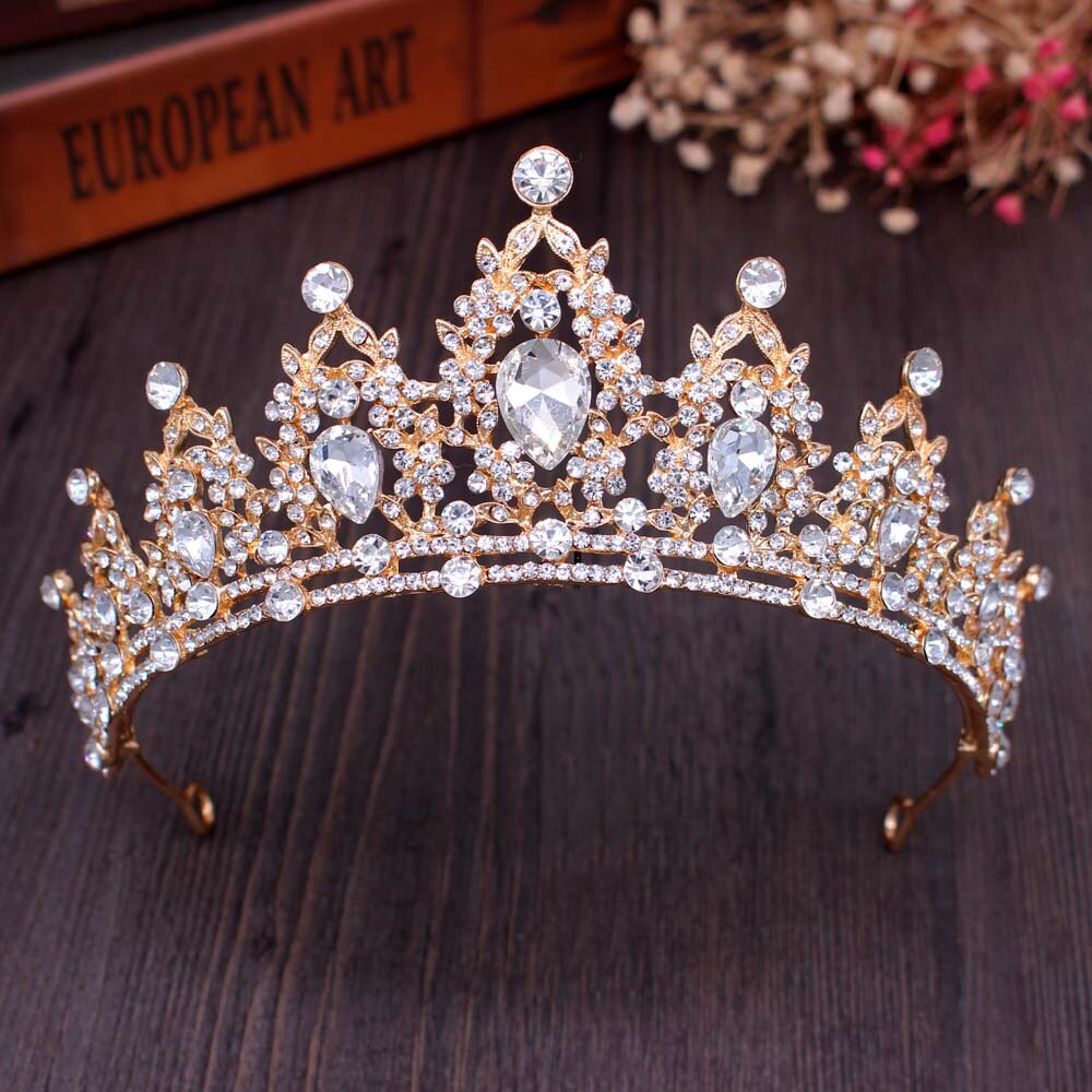 KMVEXO Vintage Gold Queen Princess Crowns Crystal Diadem For Bridal Hair Accessories Bride Tiaras Headbands Tiara De Noiva