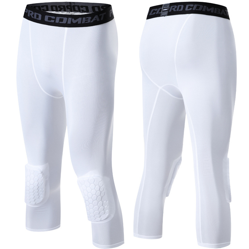 Sportsbukser med knæbeskyttere, 3/4 kompressionsleggings, sorte tights, herre-drenge-ungdomsbukser, fodbold, hurtigttørrende træningsleggings: 5xl / Hvid