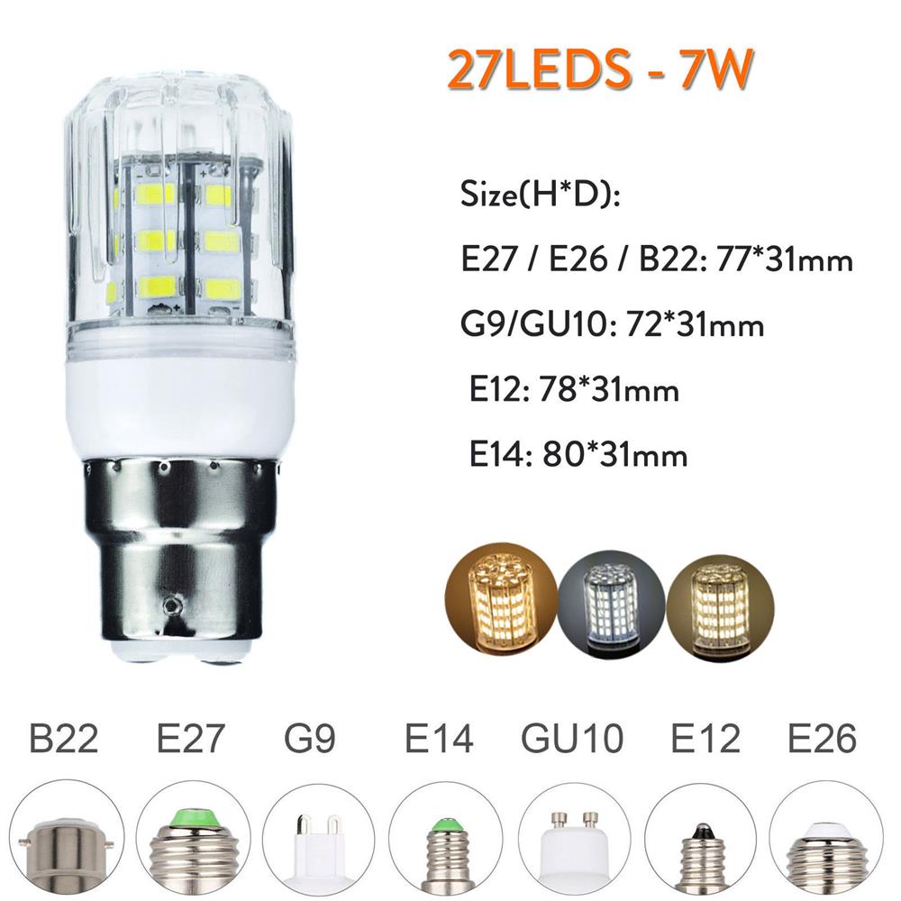 DC 12V 24V E27 G9 GU10 bombillas LED de maíz E26 E12 E14 B22 focos 7W 27LEDs lámparas de mesa brillantes para el hogar iluminación interior