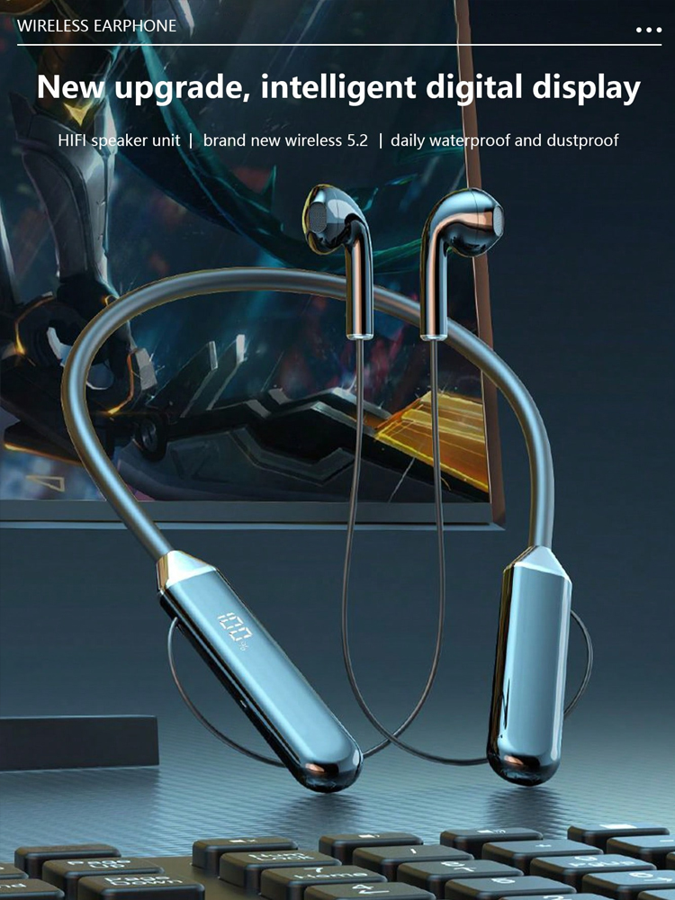 Auriculares inalámbricos, modelo recargable, Jerry, larga duración, auriculares deportivos portátiles para el cuello, auriculares inalámbricos para juegos/correr: Negro