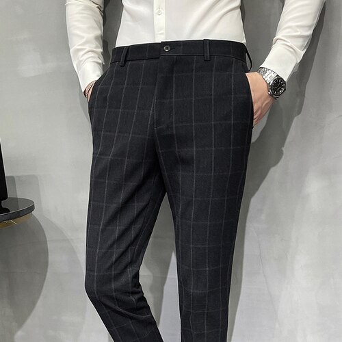 Men's Suit Pants Classic Plaid Business Formal Dress Pant Streetwear Casual Slim Wedding Groom Social Trousers: Dark Grey / 28