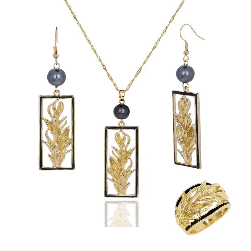 Hawaiian Gold Jewelry Pearl Set Trendy Plant Earrings Polynesian Rings Chian Necklaces Sets for Women Party: 8