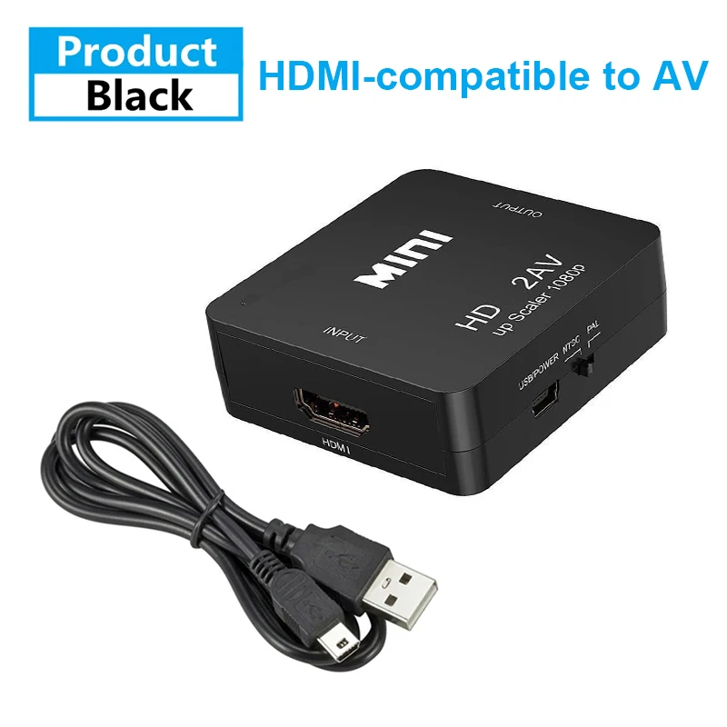 Hdmi-kompatibel til rca konverter av/cvbs l/r audio video set top box up scaler 1080p mini  hd2av understøtter ntsc pal output hd til av: Sort