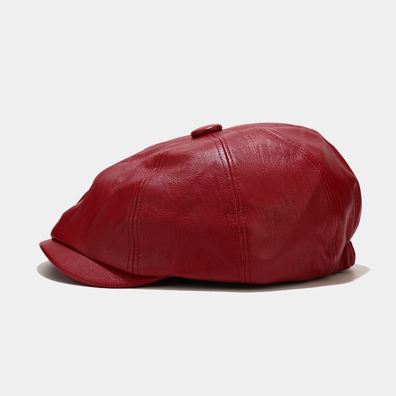 Retro PU Leather Octagonal Hats Women Street Newsboy Cap Ladies Casual Solid Painter Cap Female Bonnet casquette femme: Wine red