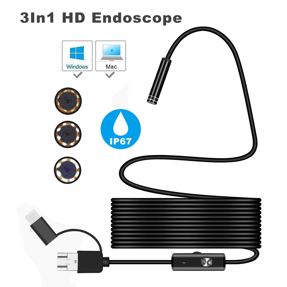 7mm Camera Endoscope HD 1200P IP68 Waterproof Tube Mirco USB Type-C Borescope Video Inspection for Android Car Endoscope 20J20: 5M