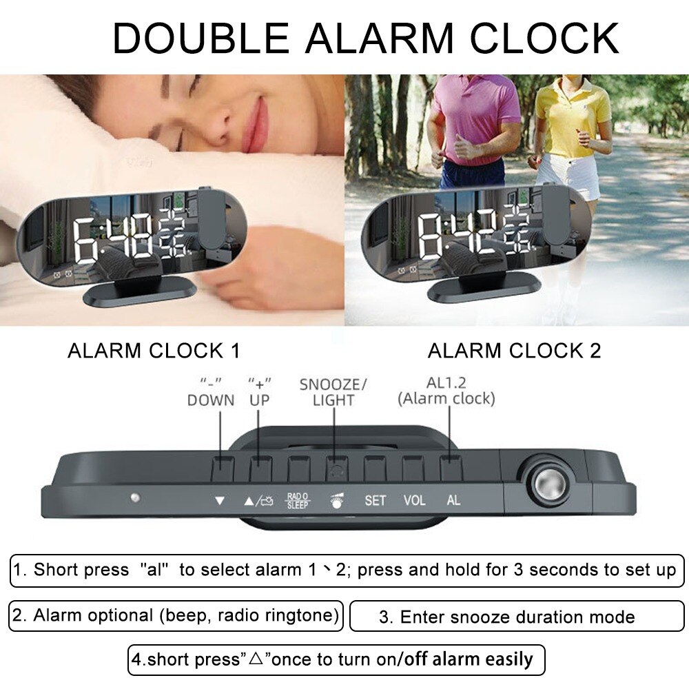 Radio FM portato sveglia digitale intelligente orologio da tavolo orologi da tavolo elettronici orologio sveglia USB con proiettore a 180 ° posticipare