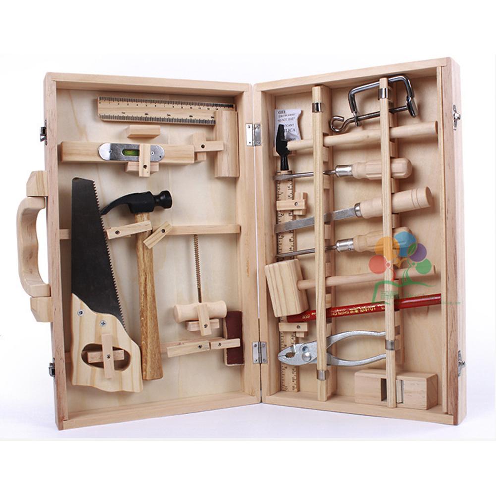 Kids Pretend Repair Box Toy Wooden Tool Kit Set Multi-Functional Woodworking Box DIY Building Tools for Children