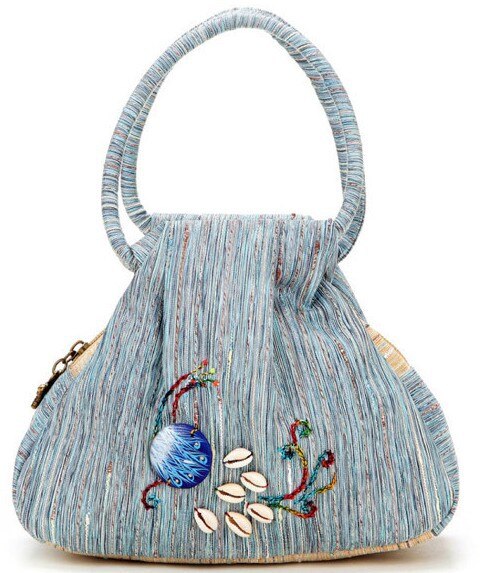 Alasir vintage broderi påfugl mønster national stil damer lærred håndtasker retro kvindelig lille shell taske: Blå