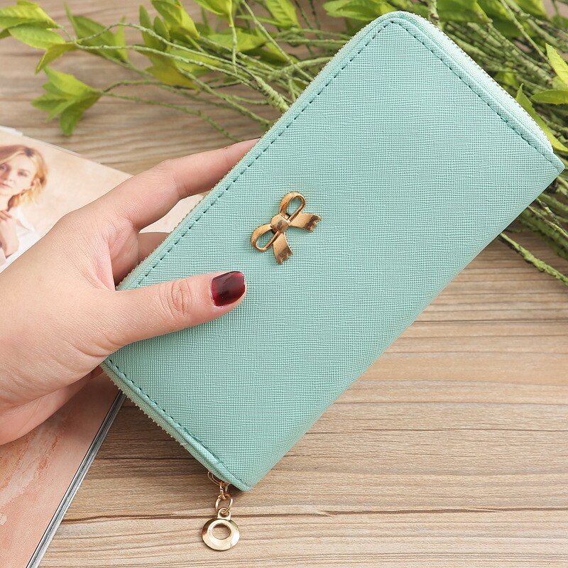 Kaarten Wallet Dames Leuke Strik Vrouwen Lange Portemonnee Effen Kleur Clutch Bag Pu Lederen Portemonnee Telefoon Kaart houder Tas: Light Green