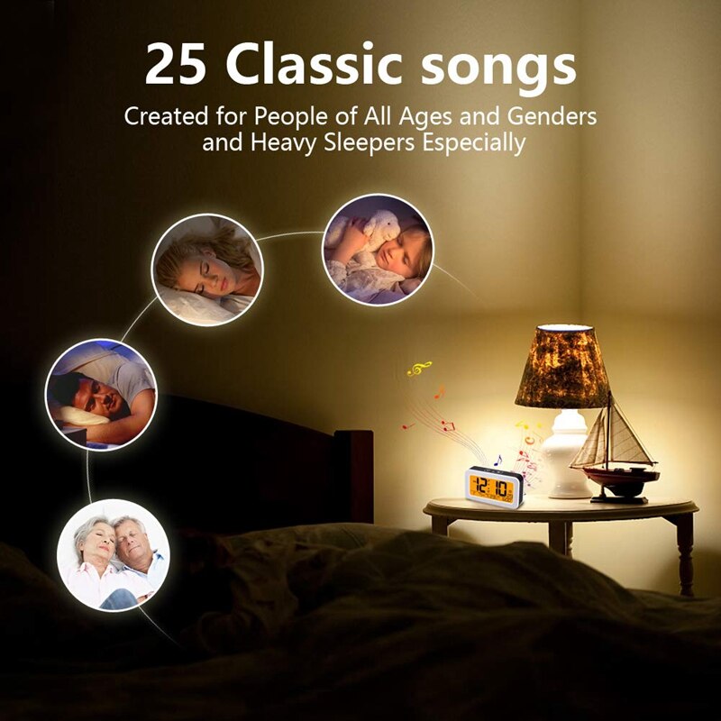 Music Alarm Clock, Digital Clock for Bedroom with Dimmer, Snooze,USB Rechargeable Clock with Dual Alarm, Smart Press Backlight,A