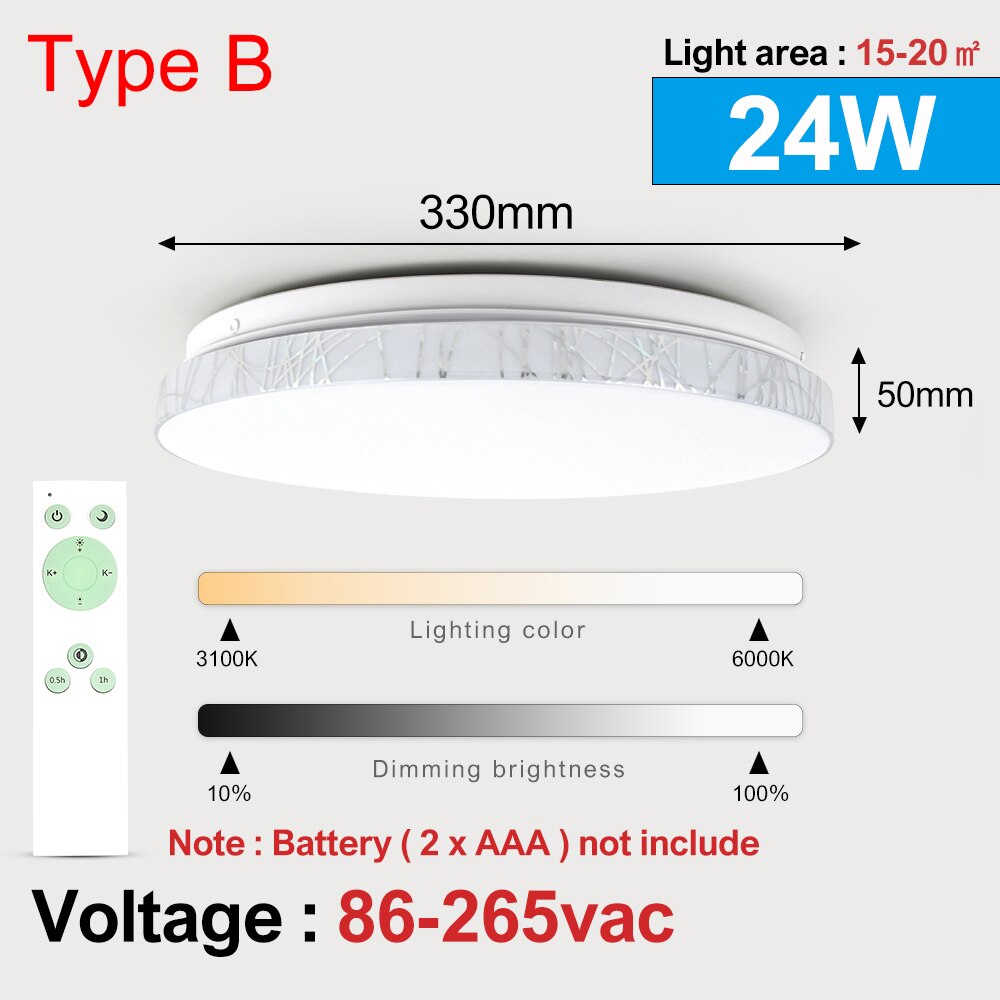 Smart LED Ceiling Light Lamp Brightness Dimmable 24W AC110V/220V For Bedroom Living Room Modern Ultra Thin Ceiling Light Lamp: Type B Dimmable