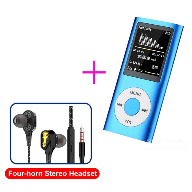 Lecteur MP4 MP3, Module Audio, baladeur Radio FM avec écouteurs pour lecteur de musique, affichage en plusieurs langues: blue and headset