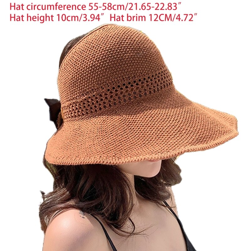 Visera de malla tejida para mujer, gorro de playa con lazo, Top abierto enrollable, ala ancha empaquetable, sombrero de protección solar UV de viaje para verano