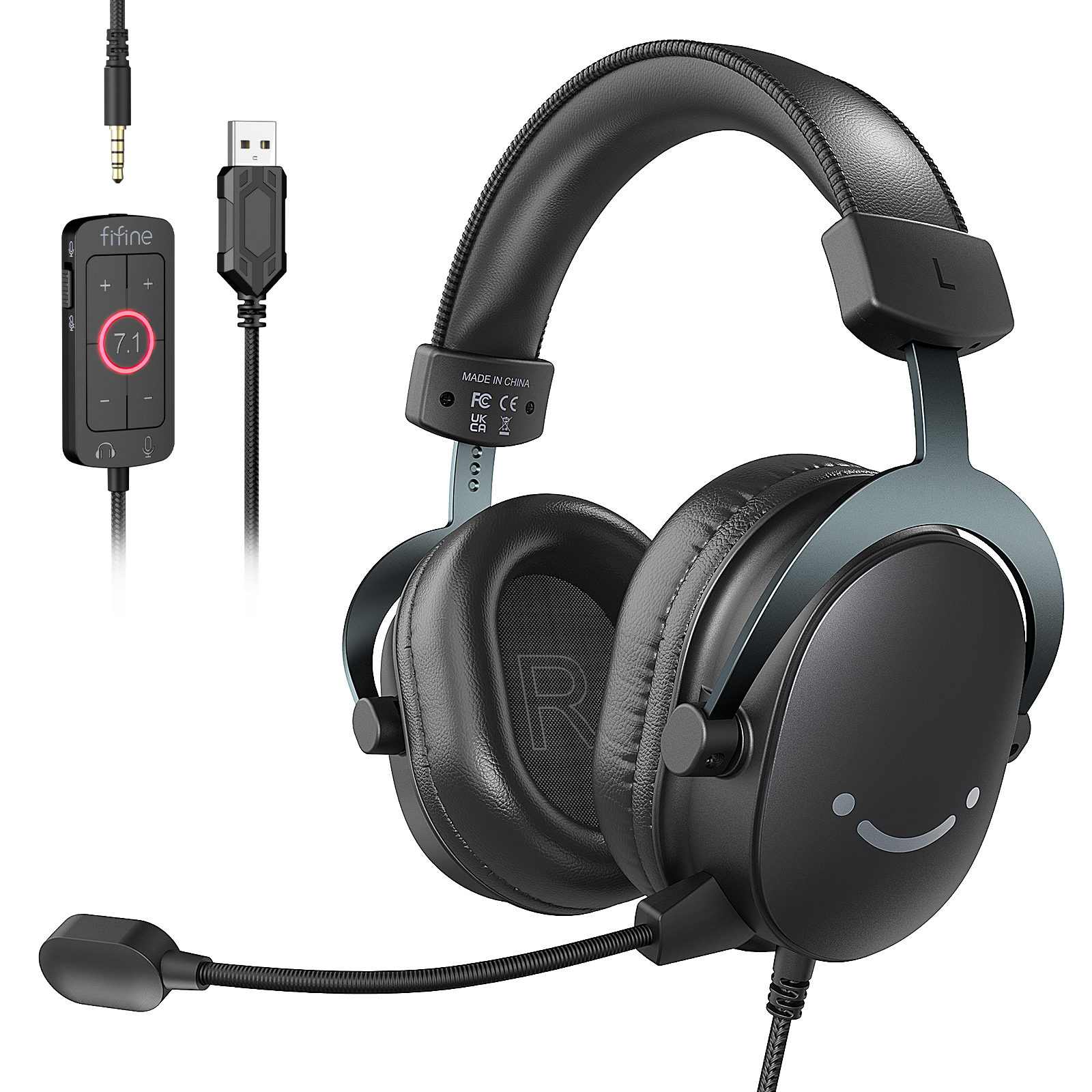 Zestaw słuchawkowy FIFINE USB do gier z dźwiękiem przestrzennym 7.1/gniazdem 3,5 mm/mikrofonem, przewodowe słuchawki nauszne do komputera PC PS4/5 Xbox Ampligame H9W: Black