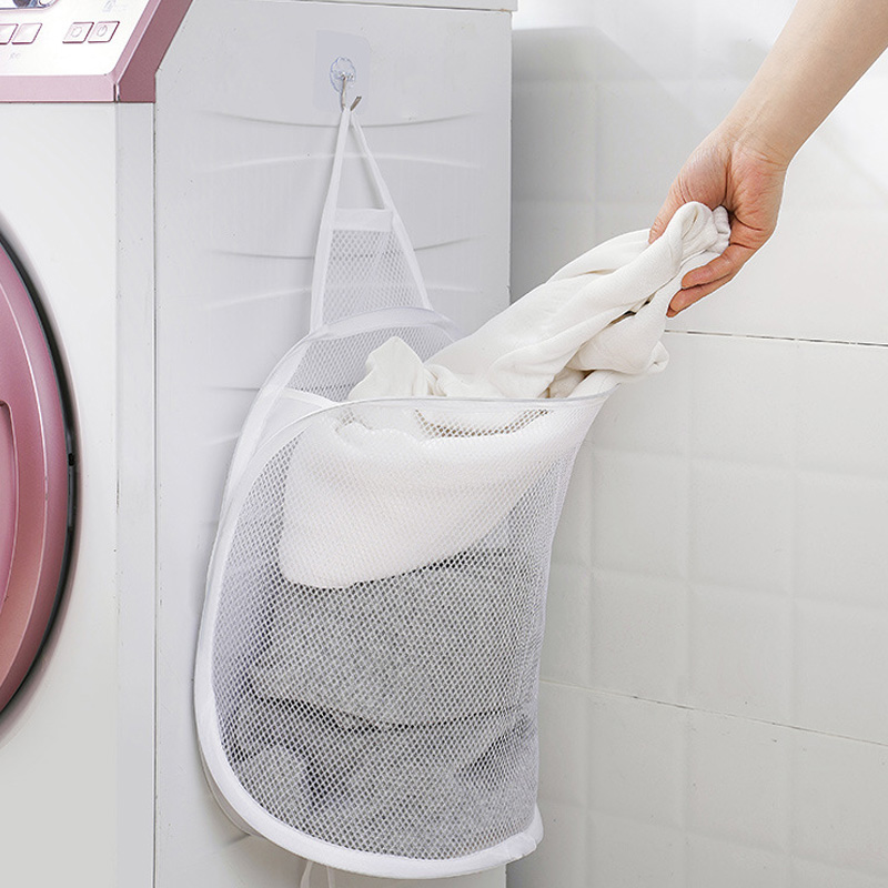 Folding Net Dirty Clothes Hamper Bathroom Self Adhesive Storage Basket Fine Grained Laundry Bag With Drawstring Laundry Storage