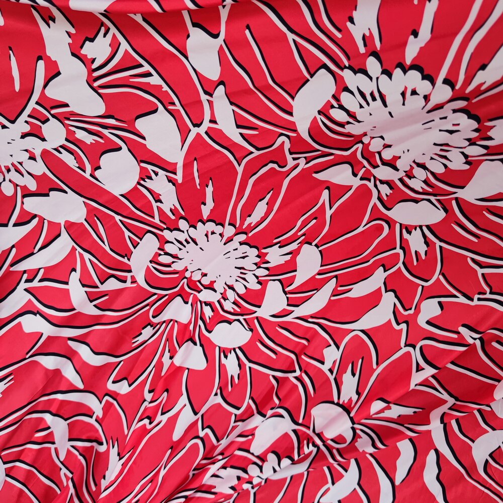 Kleermaker Pure Zijde Charmeuse Zijde Power Spinning Zijde Moerbei Zijde Rood Met Witte Bloem Grote Rode Witte Bloem Patroon