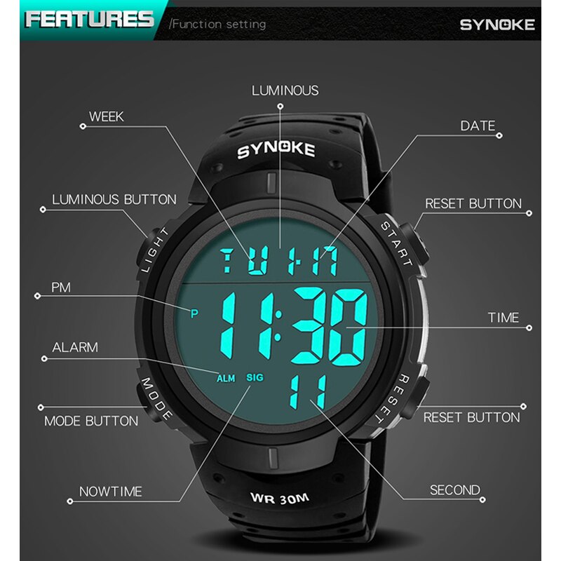 SYNOKE männer Uhren Große Zifferblatt Wasserdichte LED Alarm Uhr Sport Uhr Herren Digitale Armbanduhr Relogio Masculino Uhr Männer