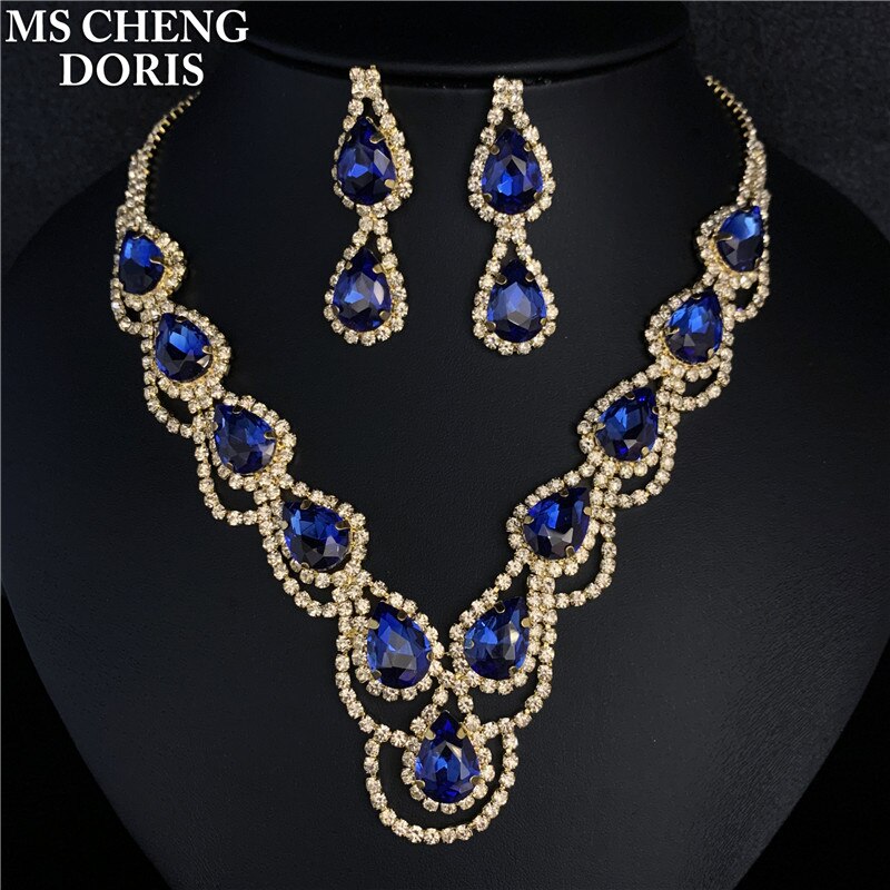 Luxury Royal Blue Crystal Bridal Jewelry Sets Rhinestone Statement Choker Necklace Earrings Women Wedding Jewelry Sets: 8