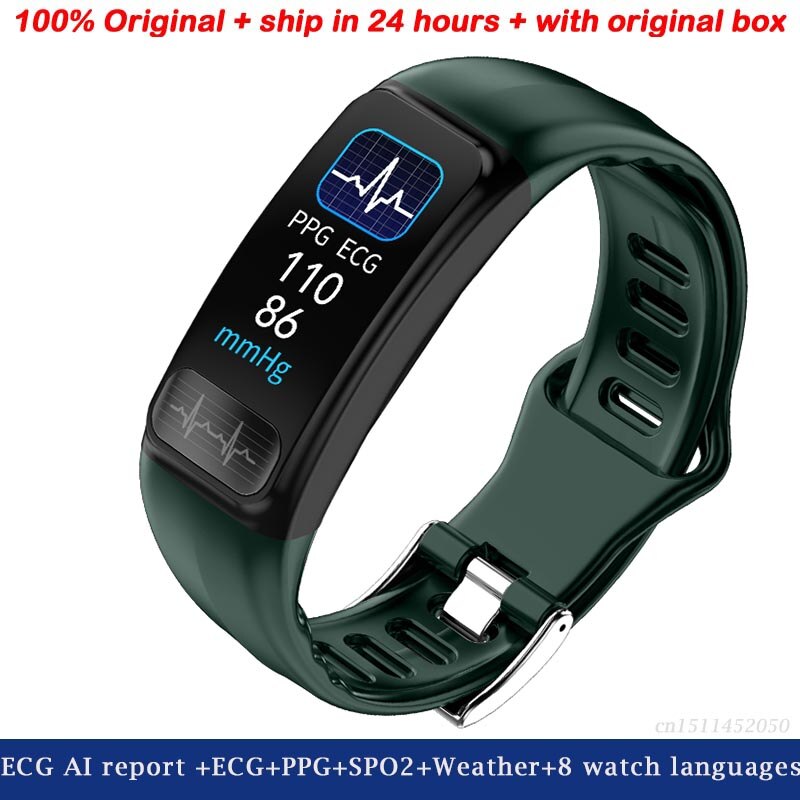 Greentiger P12 ECG AI Report Smart Bracelet ECG PPG SPO2 Heart Rate Oxygen Monitor Blood Pressure IP67 Waterproof Smart Band: Green