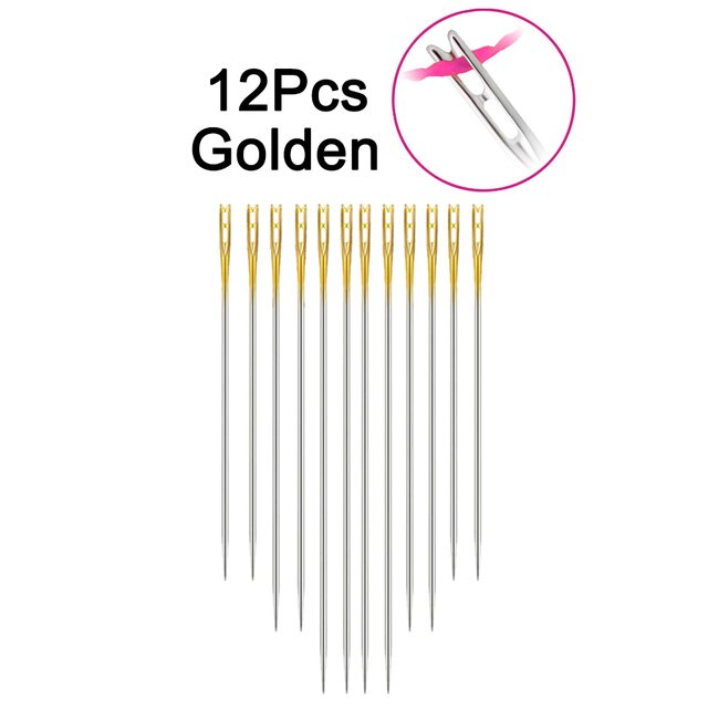 Juego de agujas ciegas para ancianos, accesorios de costura para el hogar, Agujero lateral, auto roscado, 12/24 piezas: 12 PCS Golden B