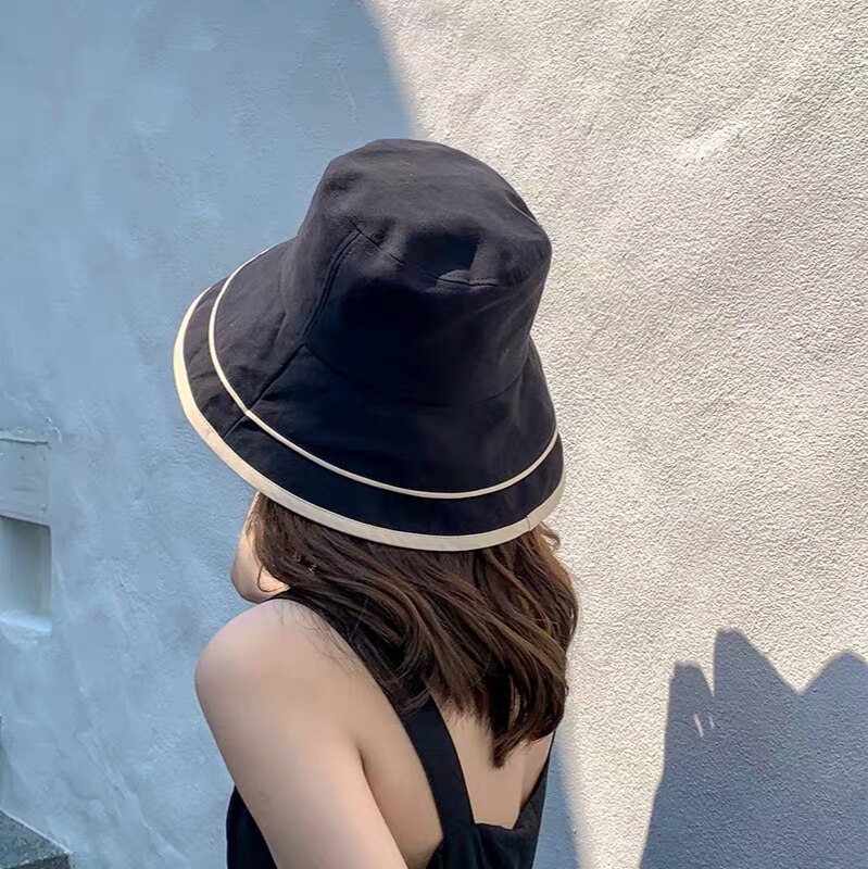 INS Summer Big Brim Sun Hat For Women Seaside Sun Protection UV Cap Wild Fisherman Hat Korean Version Buket Hat: black