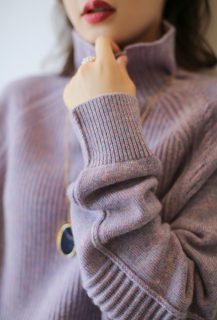Pull en cachemire épais à col haut pour femme, 100% laine, ample, tricoté, grande taille, automne et hiver