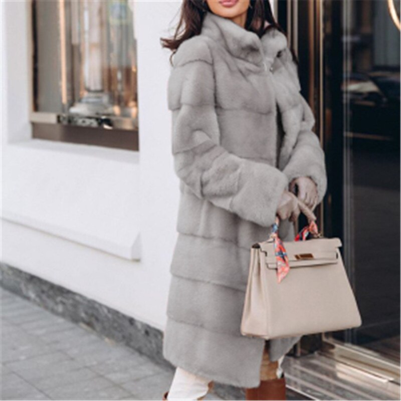 Umeko Elegante Effen Faux Vos Bontjas Vrouwen Winter Mode Medium Kunstmatige Vos Bontjas Vrouw Warm Nep Vos Bont jassen Vrouwelijke: Grijs / 0S