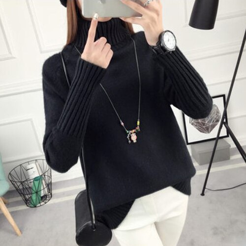 Autumn winter Women Knitted Sweaters Soft Pullovers Turtleneck Long Sleeve Solid Color Slim Elastic Short Sweater Women: Black