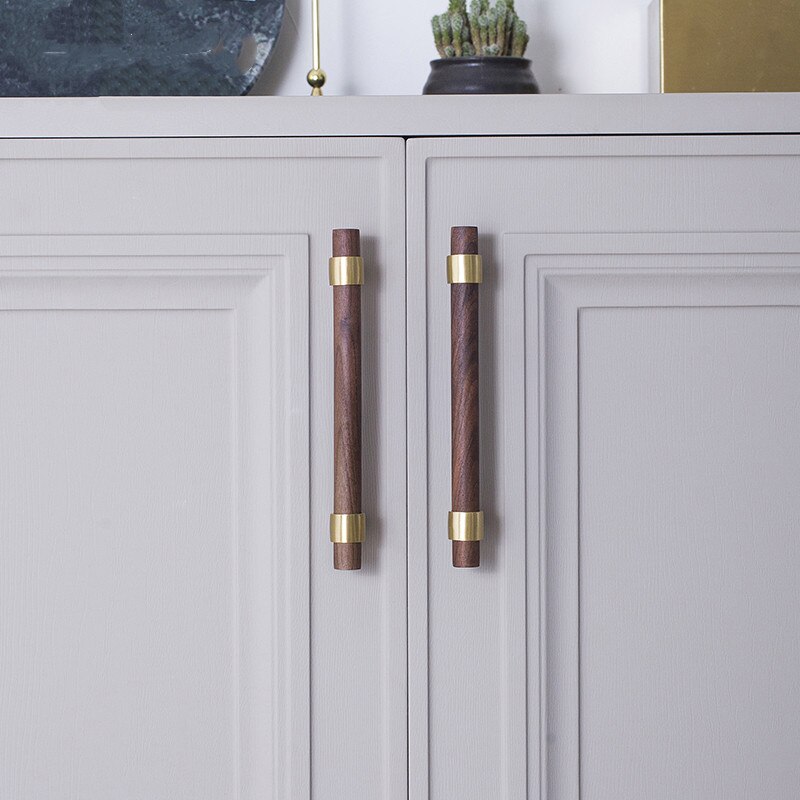 Naturalne drewno + mosiądz T bar klamki robić drzwi amerykańskie stylowe meble drewniany uchwyt szuflady ciągnie gałki i uchwyty szafek kuchennych