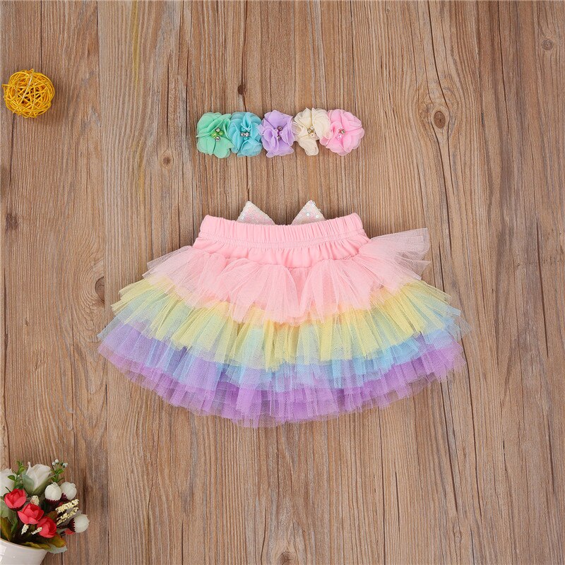 Jupe Tutu arc-en-ciel pour bébés filles de 0 à 3M, en maille à paillettes et nœud papillon, couvre-chef à fleurs