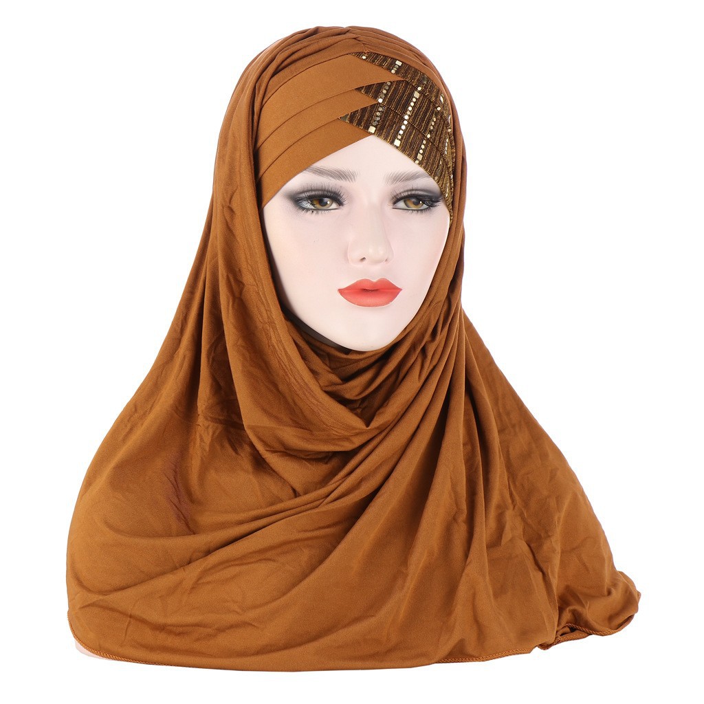 One Piece paillettes donne musulmane Hijab Amira copertura completa foulard sciarpa scialle lungo turbante velo Khimar copricapo arabo islamico: Camel