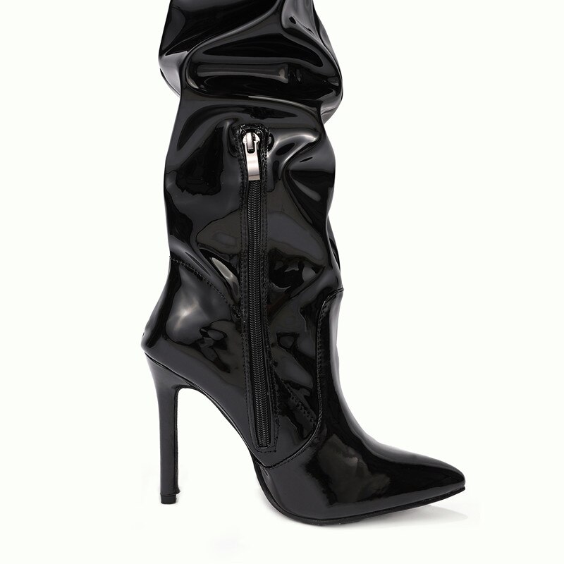 Rihanna style Women Thigh high boots pleated Ultra high heels Ladies Long Boots Patent leather Female boots Shoes