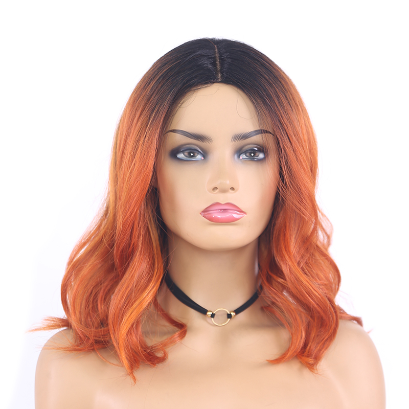 Ombre Ginger Colored Natural Wave Synthetic Lace Wigs Gray Brown Orange X-TRESS Shoulder Length Bob Hair Wigs For Black Women: 4BOM-1B-HONEYGINGER