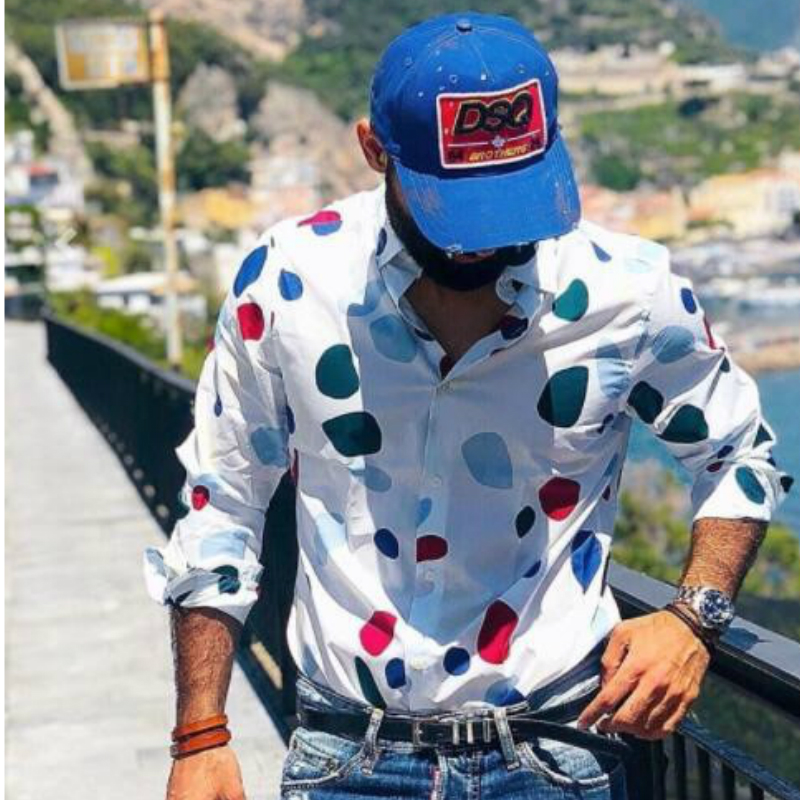 Camisas de manga larga con estampado de lunares para hombre, ropa de calle informal a la , abrigos, camisas Hipster, Tops
