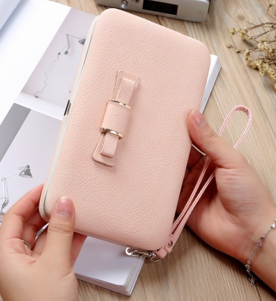 Purse bow women's wallet female famous brand card holders cellphone pocket PU leather clutch women wallet Large lychee 138Q: CherryPowder138