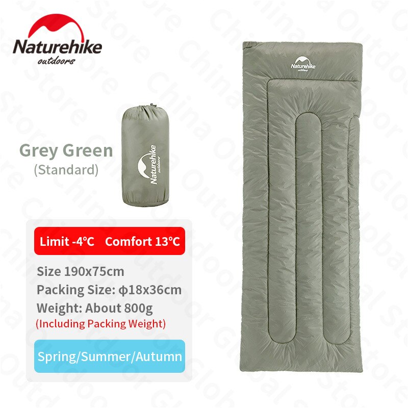 Naturehike Sleeping Bag Envelope Type 3 Seasons Single Person Waterproof Warm Cotton Sleeping Bag Outdoor Camping Travel: Standard-Grey-Green