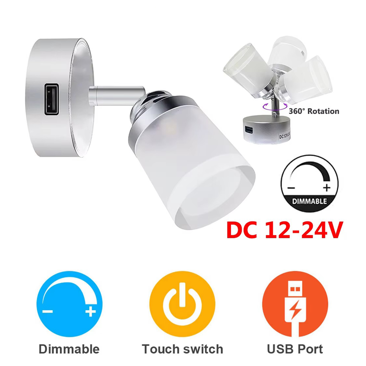 Touch-afbryder  dc 12-24v led-lys til autocamper og 5v usb-enheder til campingvogn, båd, sengelampe, væglampe, led-skabslampe