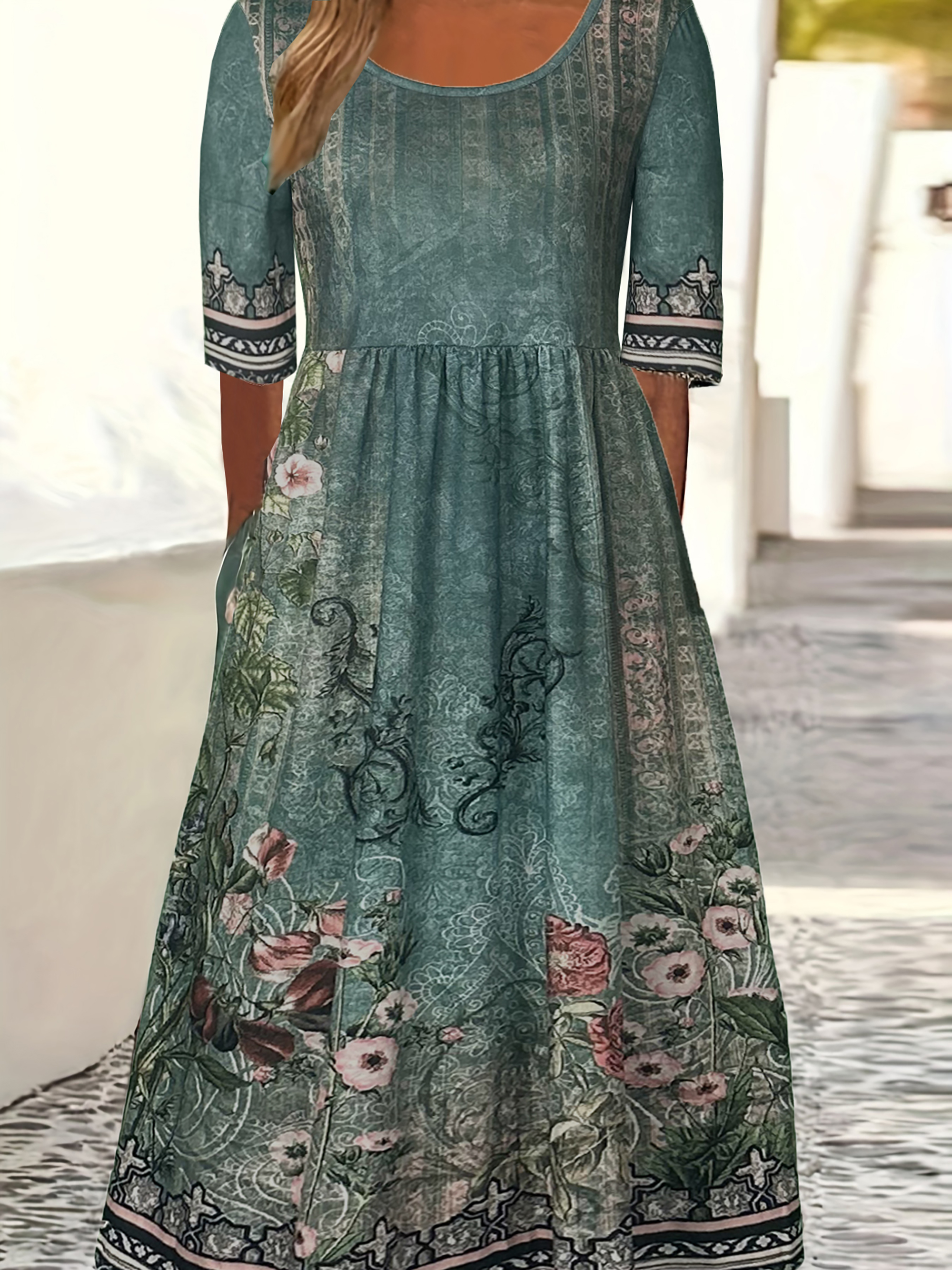 Robe longue style bohémien pour femmes, ample, imprimée, col rond, manches courtes, été 2025: M / green