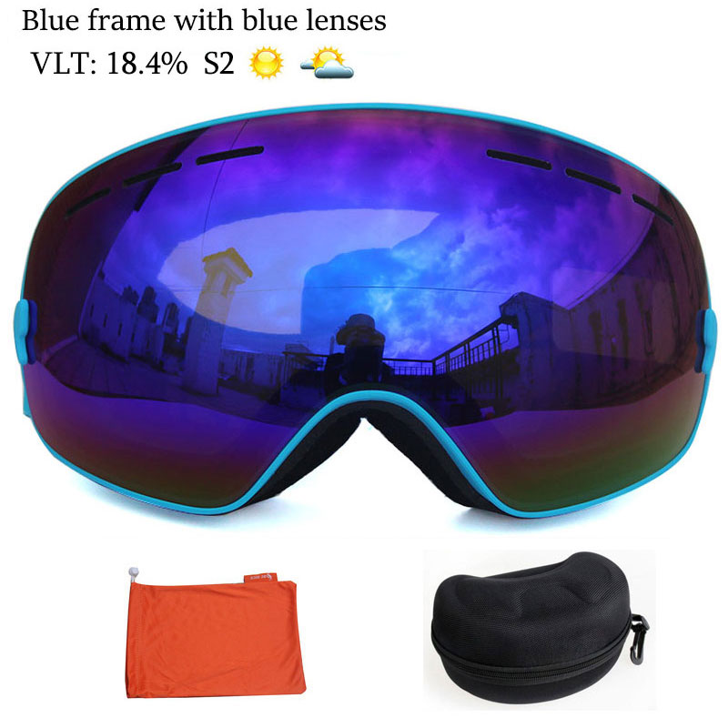 Benice double Layers UV anti-fog lens Men ski goggles big spherical skiing snowboarding snow glasses Eyewear 3100 Set case: Blue