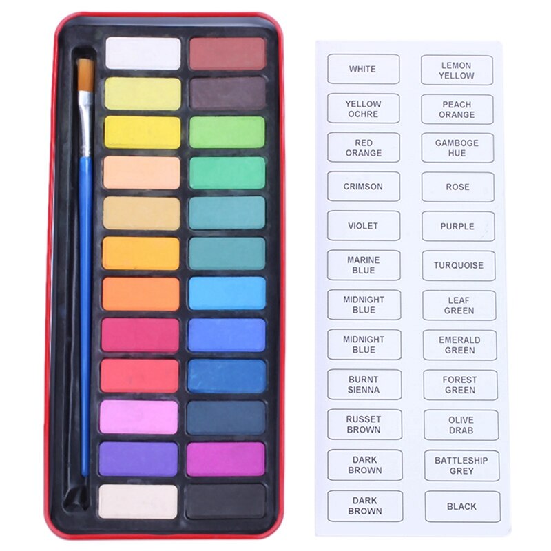 24 Colors Solid Watercolor Paint Pigments Tablet Set With Paintbrush & Metal Box