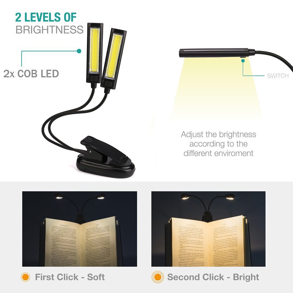 Heldere LED licht met AAN/UIT schakelaar Flexibele USB Clip-On 2x COB LED Reading Studie Bureau tafellamp Oplaadbare